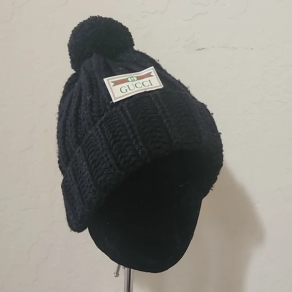 Gucci Black Wool Puff Beanie Winter Cap Hat Sz. S (stretchy) - Picture 6 of 6